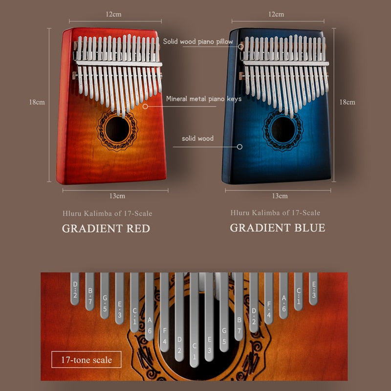 Hluru Hollow Kalimba 17 Key Gradient Red Blue "Tiger Texture" Maple Wood Thumb Piano