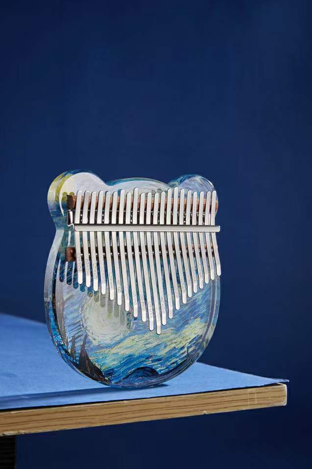 Acrylic painting 17 and 21 key  kalimba Deep Sea whales, bright starry sky