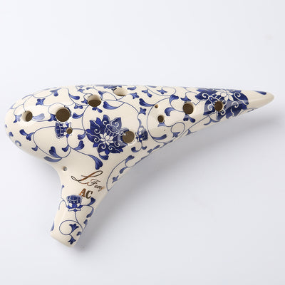 Flauta de porcelana blanca y azul floral de 12 agujeros Ocarina Alto C