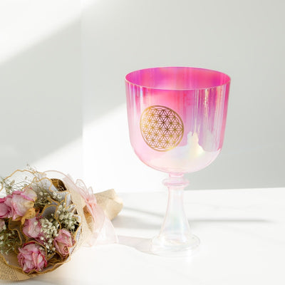 Graal cantato in cristallo rosa fiore della vita, trasparente, 15,2-20,3 cm, per la meditazione curativa del suono