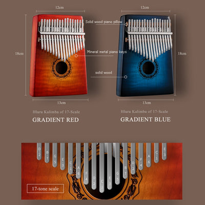 Hluru 17 Key Kalimba Gradient Red Blue Color Caja hueca Thumb Piano
