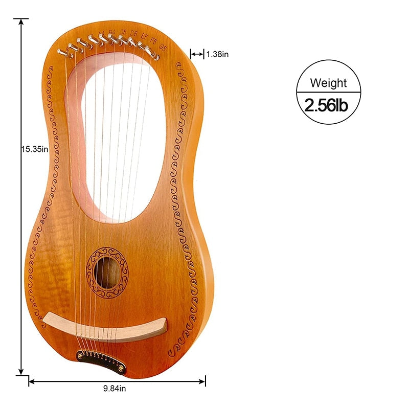 10 String Lyre Harp Mahogany with Carry Bag Tuning Tool | Pures Music