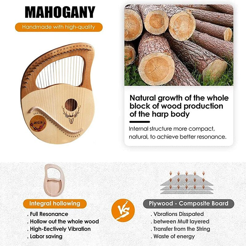 New 24 String Lyre Harp Greek Violin Wooden Lyre Instrument | Pures Music