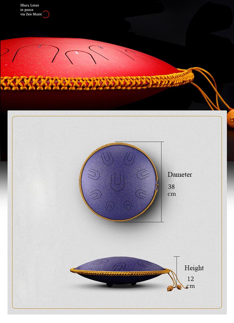 Hluru Copper steel 9 notes 14 inches D tones tongue drum Meditation Handpan tank hang drum