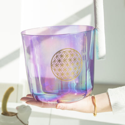Flower of Life Ciotola da canto in cristallo trasparente Ciotola da alchimia per terapia del suono Yoga Meditazione